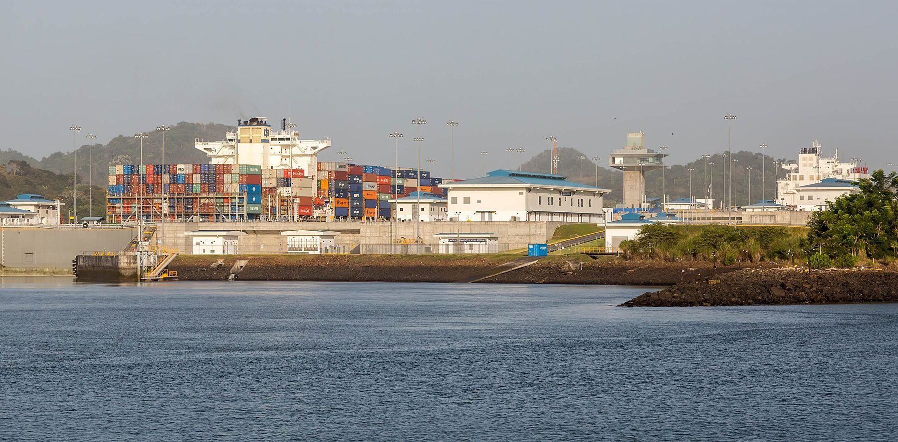 A container ship entering the Cocolí locks of the Panama Canal