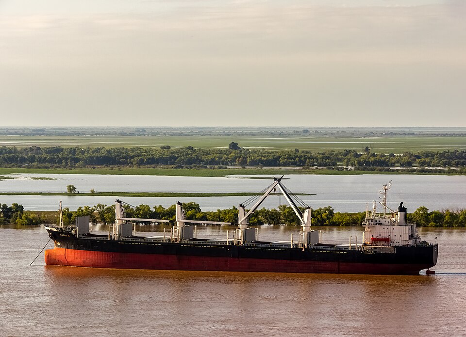 A bulk carrier on the Parana river at Rosario, Argentina