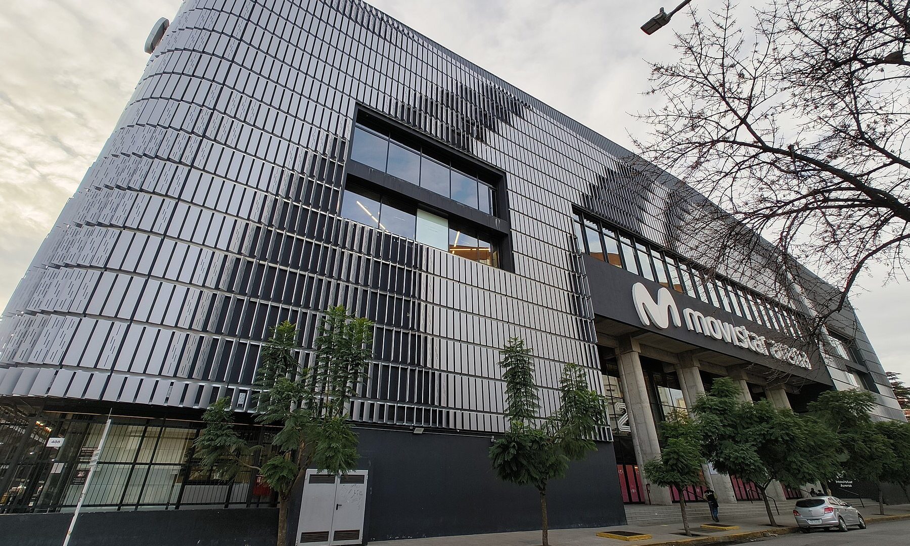 The metal-slatted facade of the Movistar Arena in Villa Crespo, Buenos Aires, Argentina, venue of the Paulo Londra Movistar Arena concert on 28 November 2026