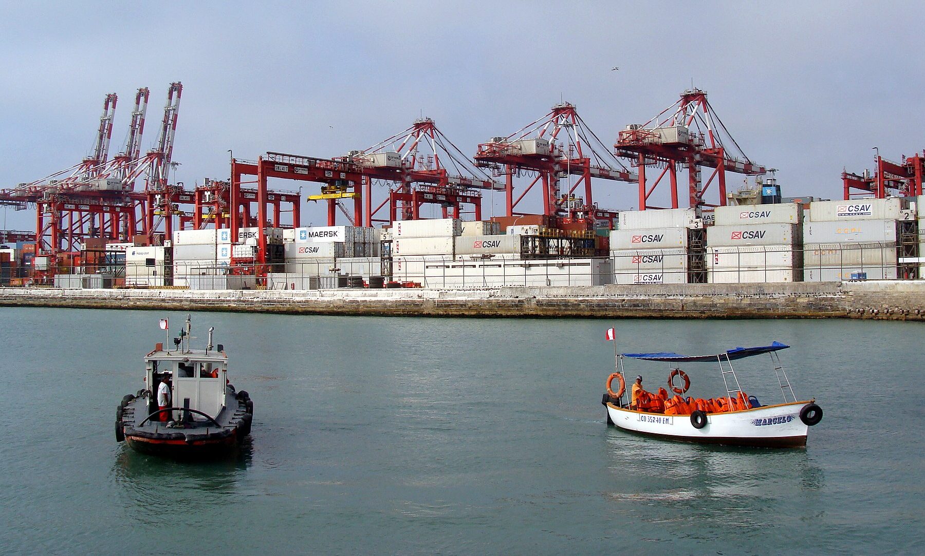 Container cranes and stacked containers at the port of Callao, Peru