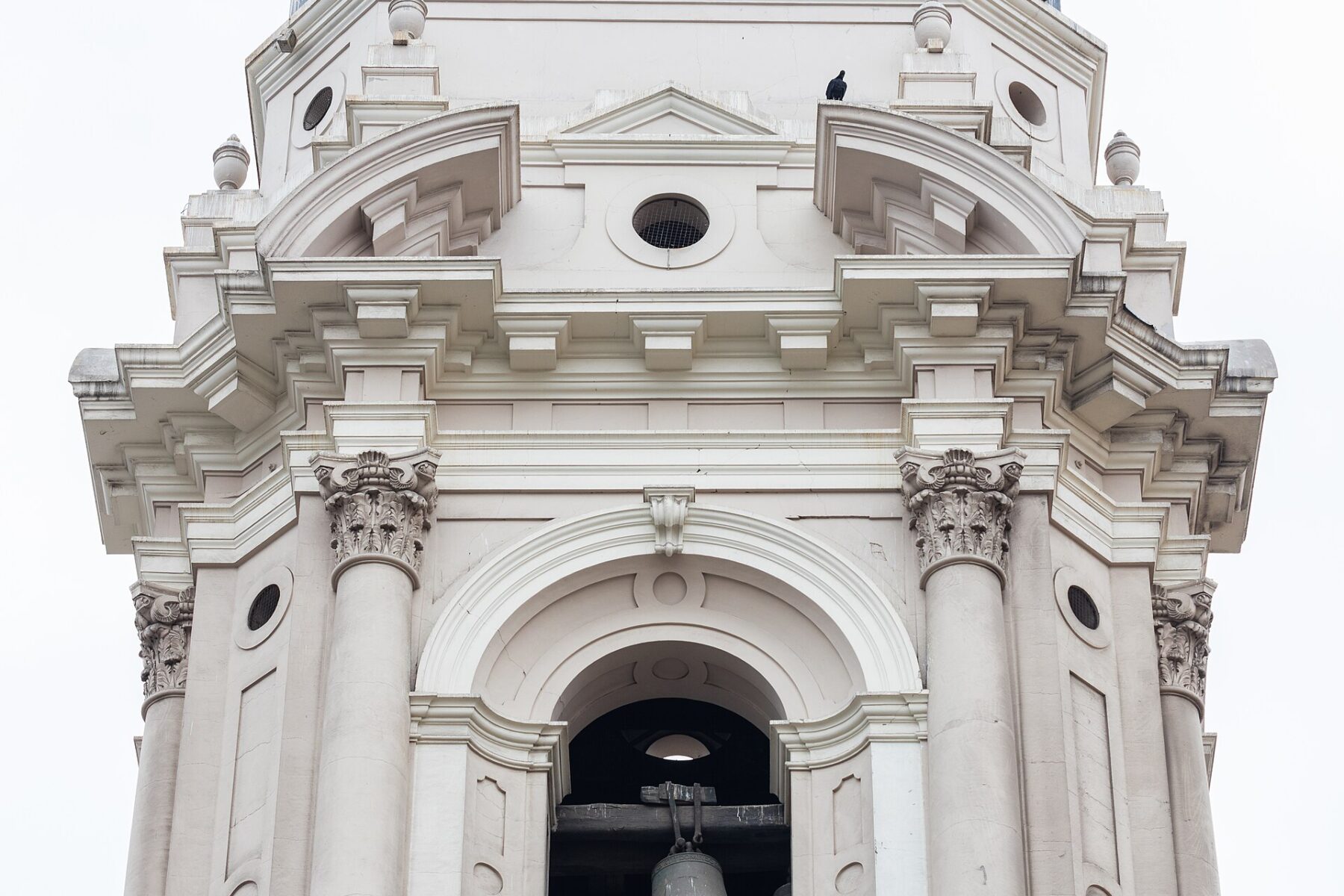 A church tower in historic central Lima, Peru
