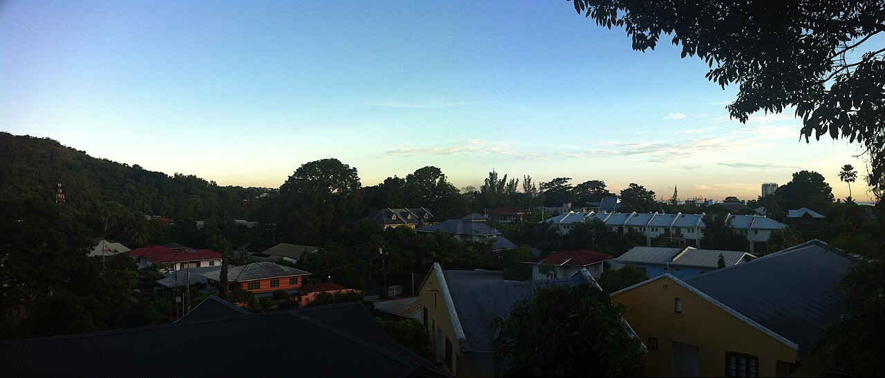 Dusk view over rooftops and hillside homes in Maraval, a suburb of Port of Spain, Trinidad.