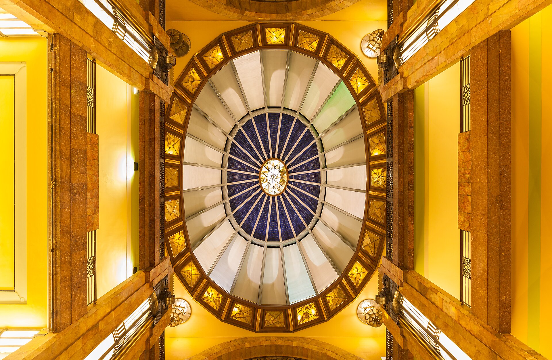 The stained-glass ceiling of the Palacio de Bellas Artes in Mexico City.