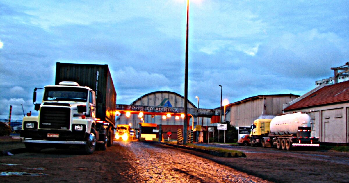 Trucks queuing at the entrance to the port of Recife in Pernambuco, Brazil