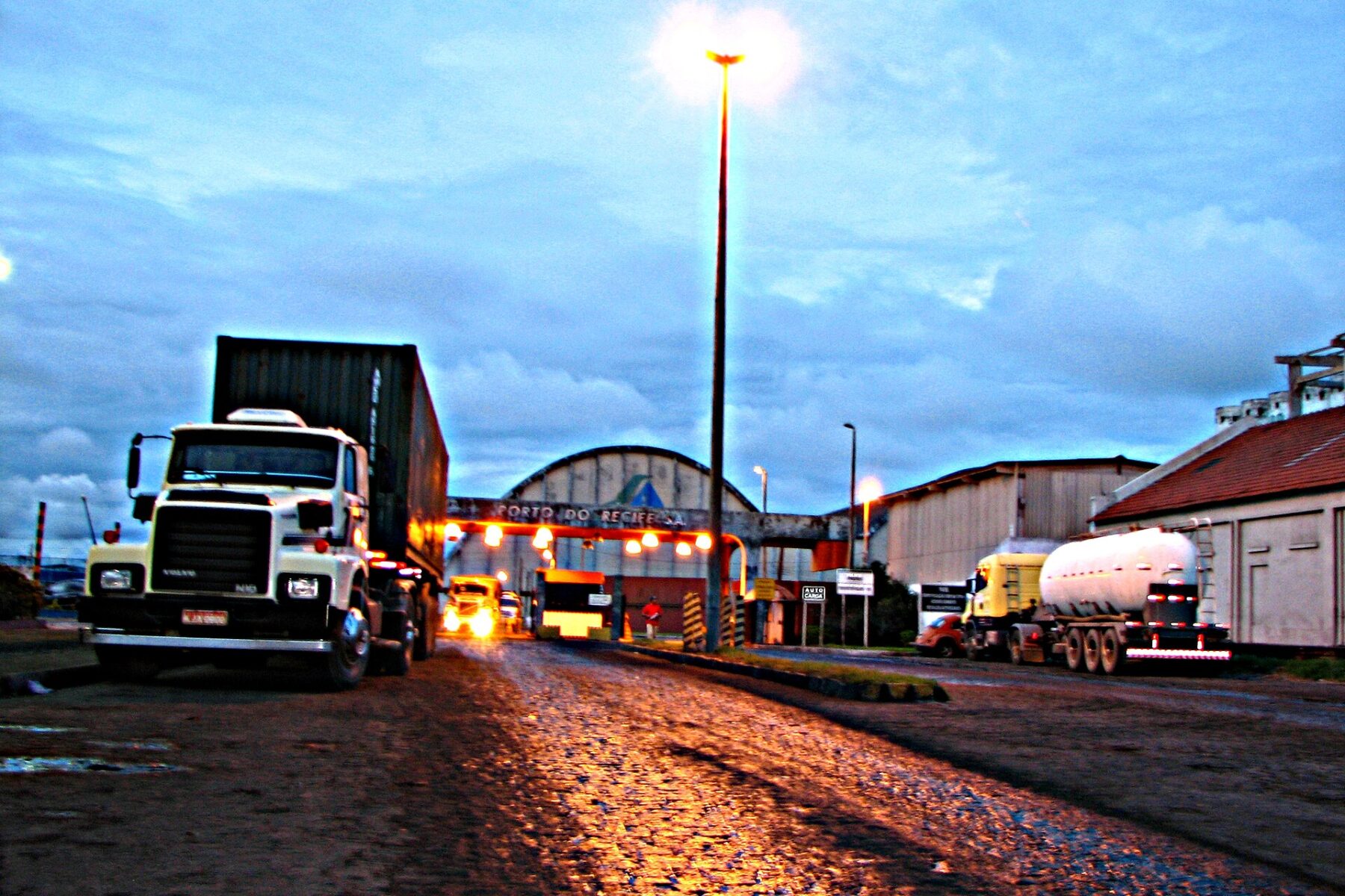 Trucks queuing at the entrance to the port of Recife in Pernambuco, Brazil