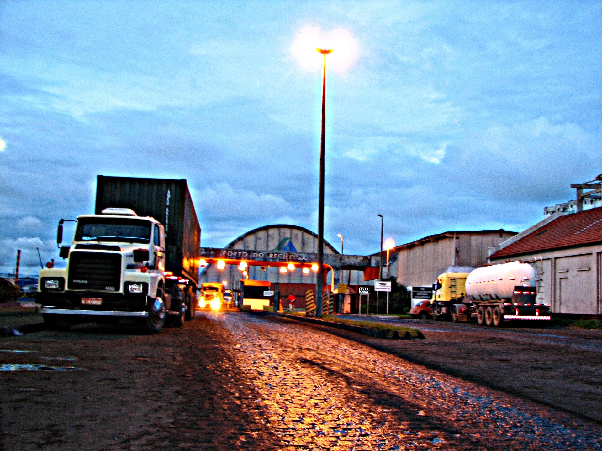 Trucks queuing at the entrance to the port of Recife in Pernambuco, Brazil