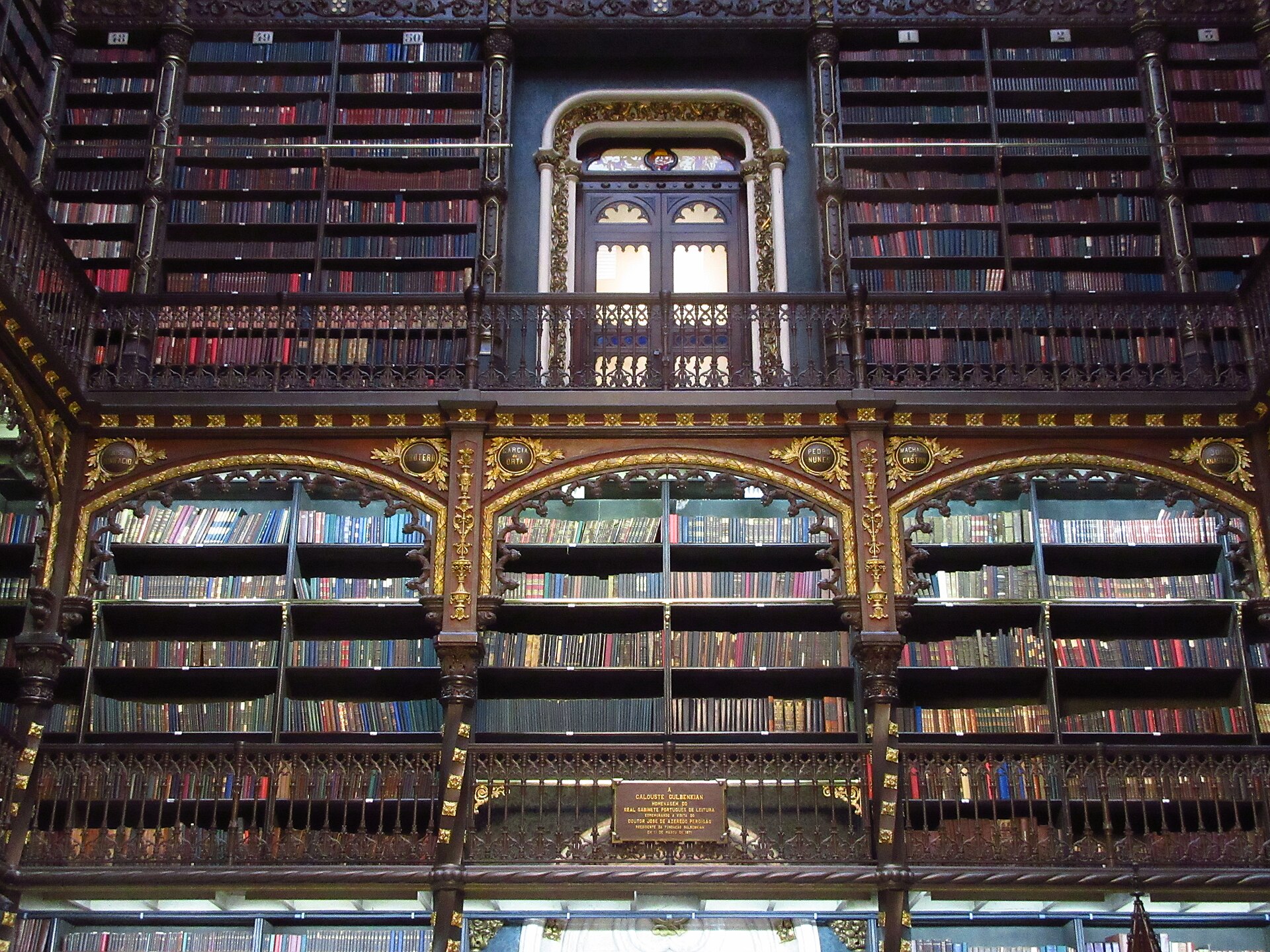 The galleried reading room of the Real Gabinete Português de Leitura in Rio de Janeiro.