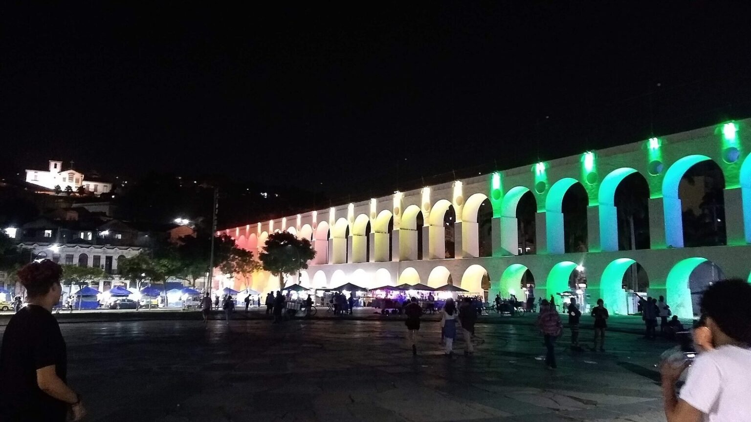 The Arcos da Lapa lit up at night in Rio de Janeiro