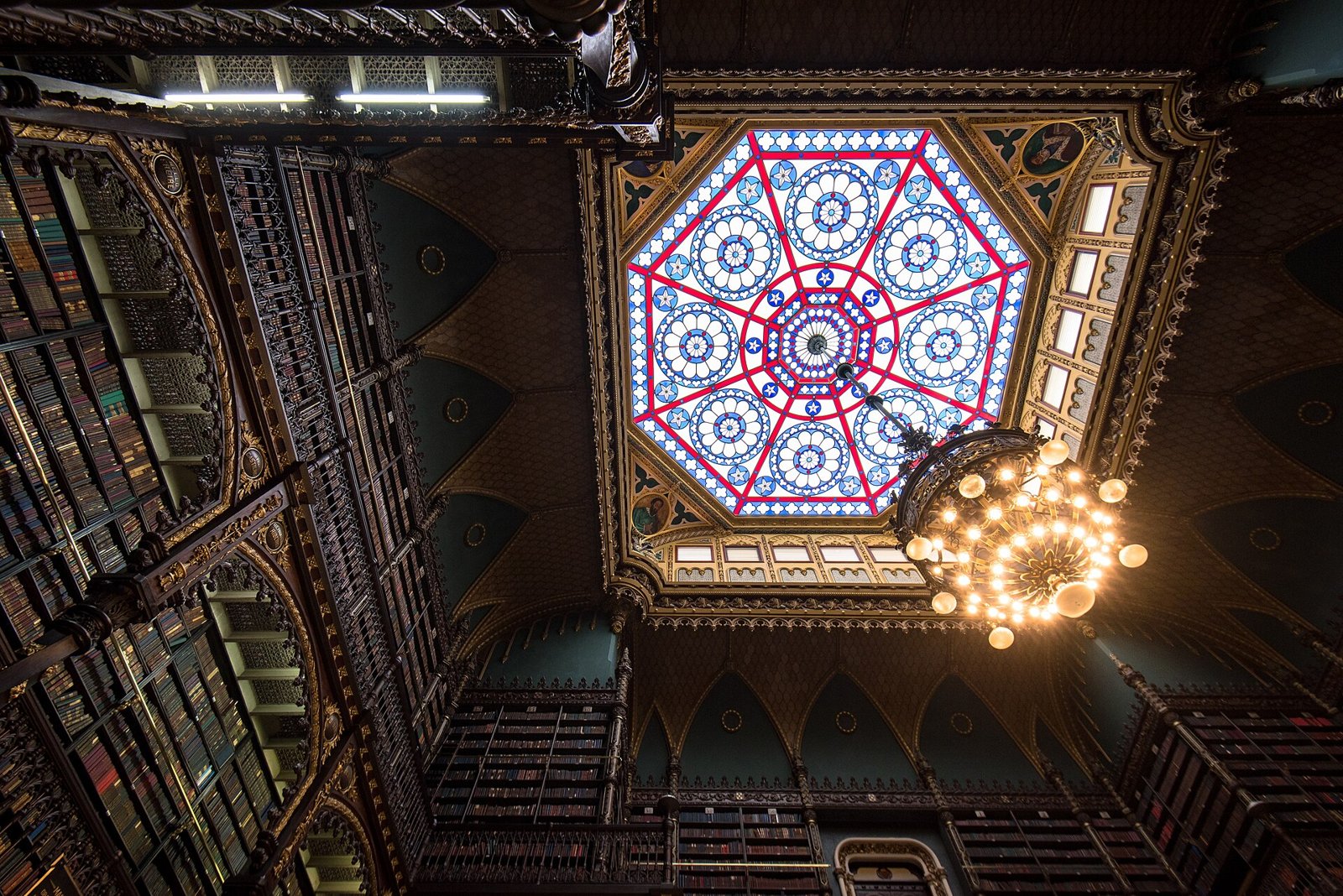 The stained-glass skylight of the Real Gabinete Português de Leitura in Rio de Janeiro.