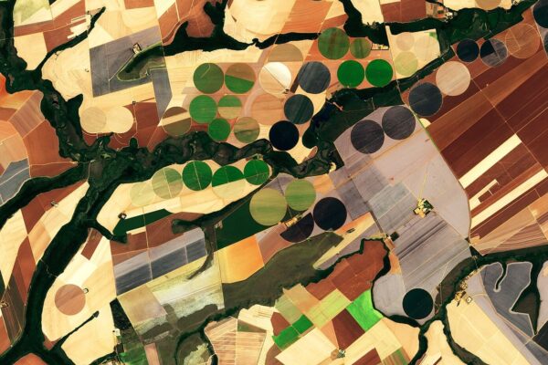 Satellite view of soy farmland and irrigation circles in Brazil