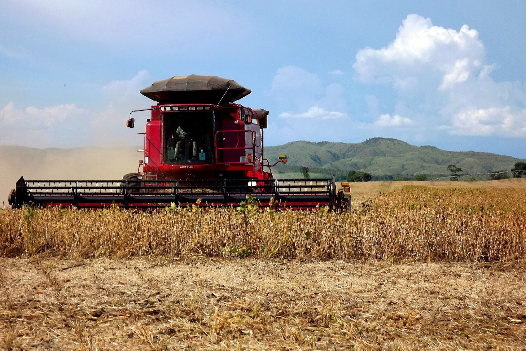 A combine harvester working a soybean field in Brazil