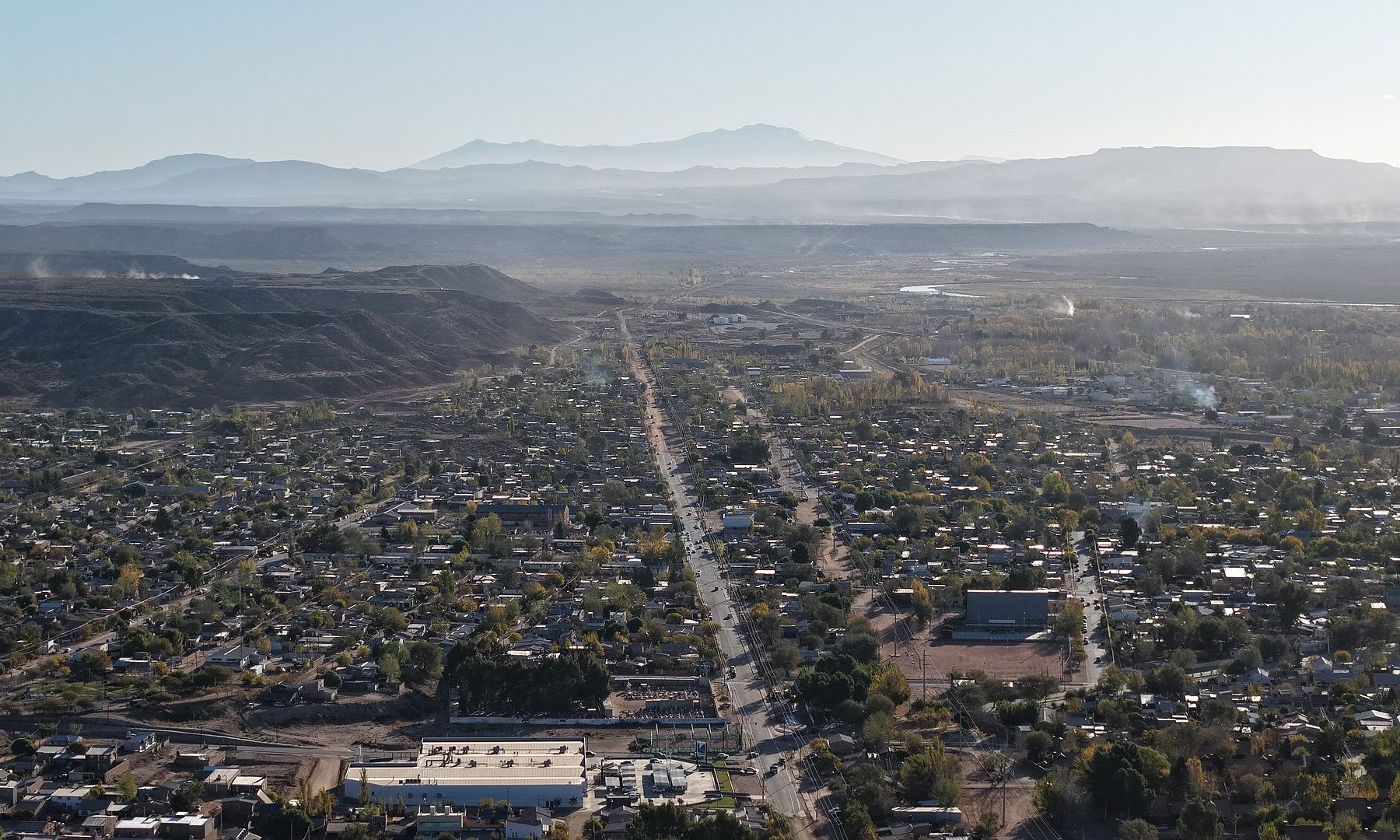 Aerial view of the oil town of Rincón de los Sauces in Neuquén province, Argentina