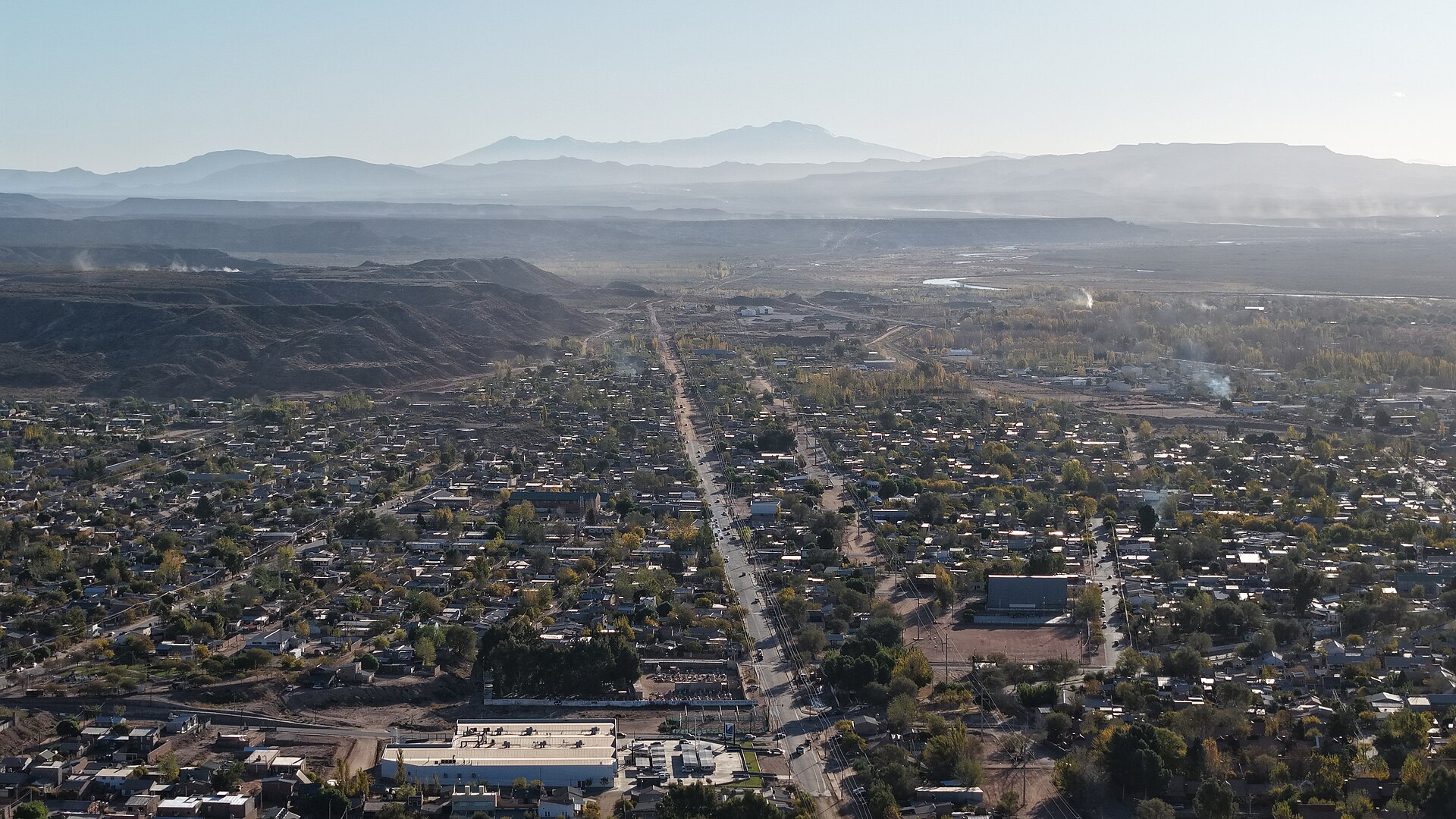 Aerial view of the oil town of Rincón de los Sauces in Neuquén province, Argentina