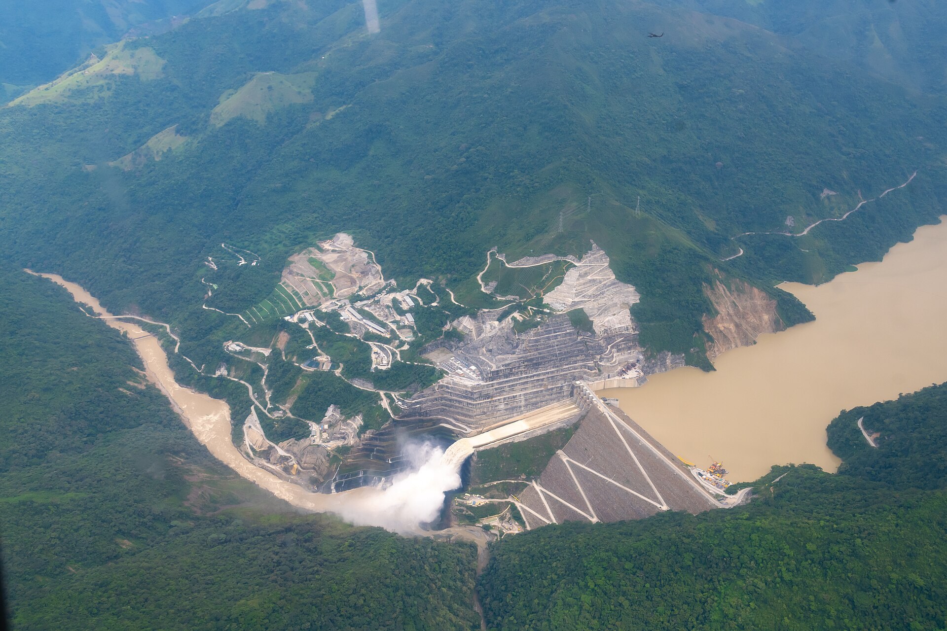 Colombia power demand — aerial view of the Hidroituango dam and reservoir on the Cauca river in Antioquia, Colombia