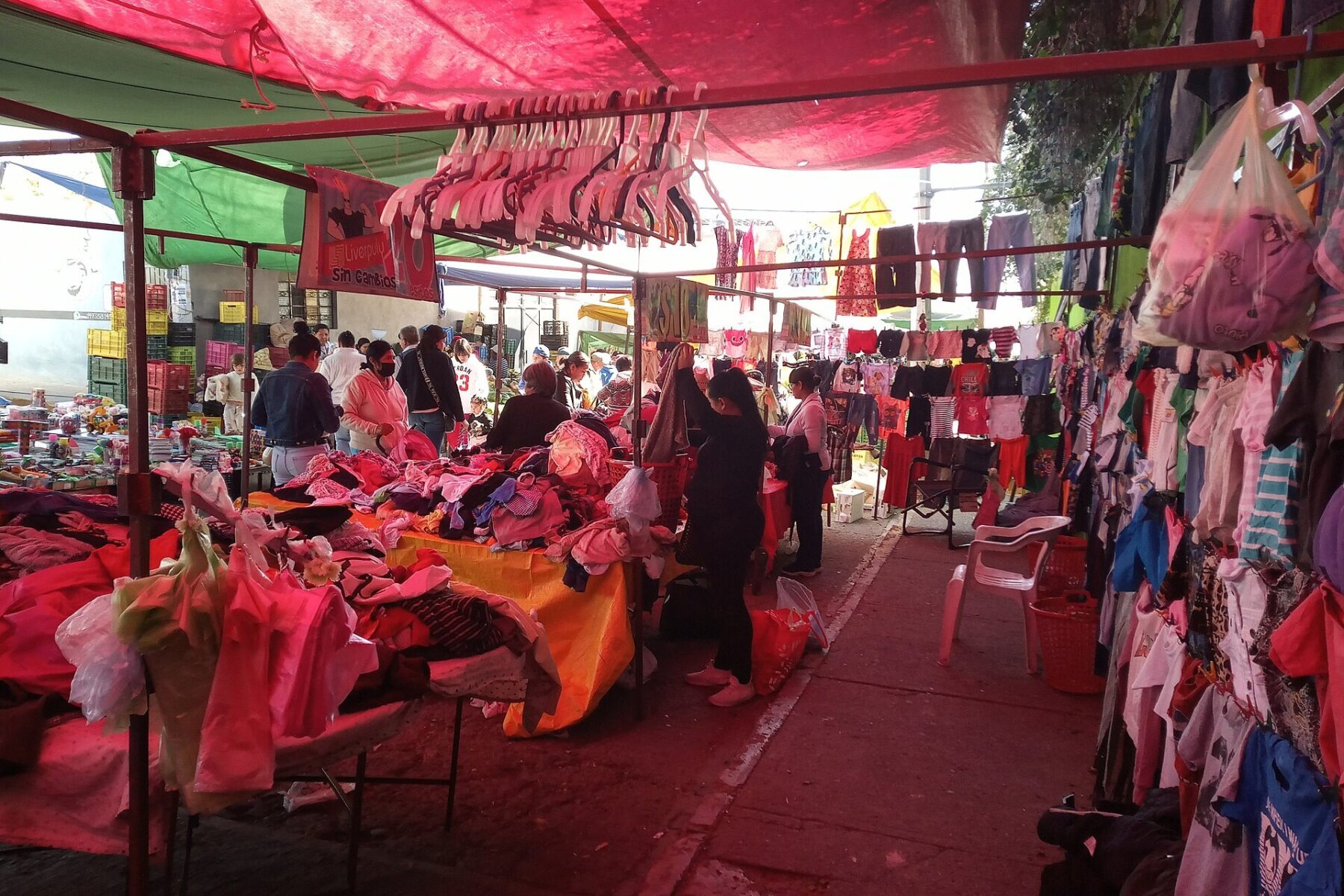 Second-hand clothing stall at a Mexican street market