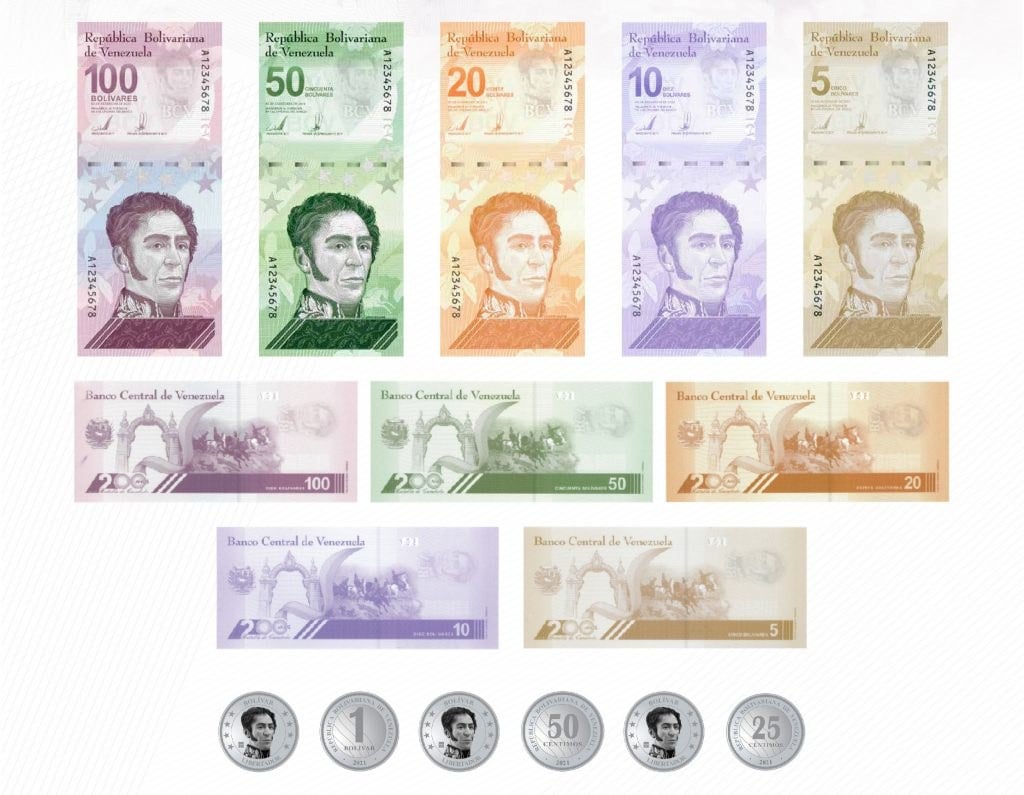 Venezuela cash — the current bolívar banknote family of 5 to 100 bolívares with coins