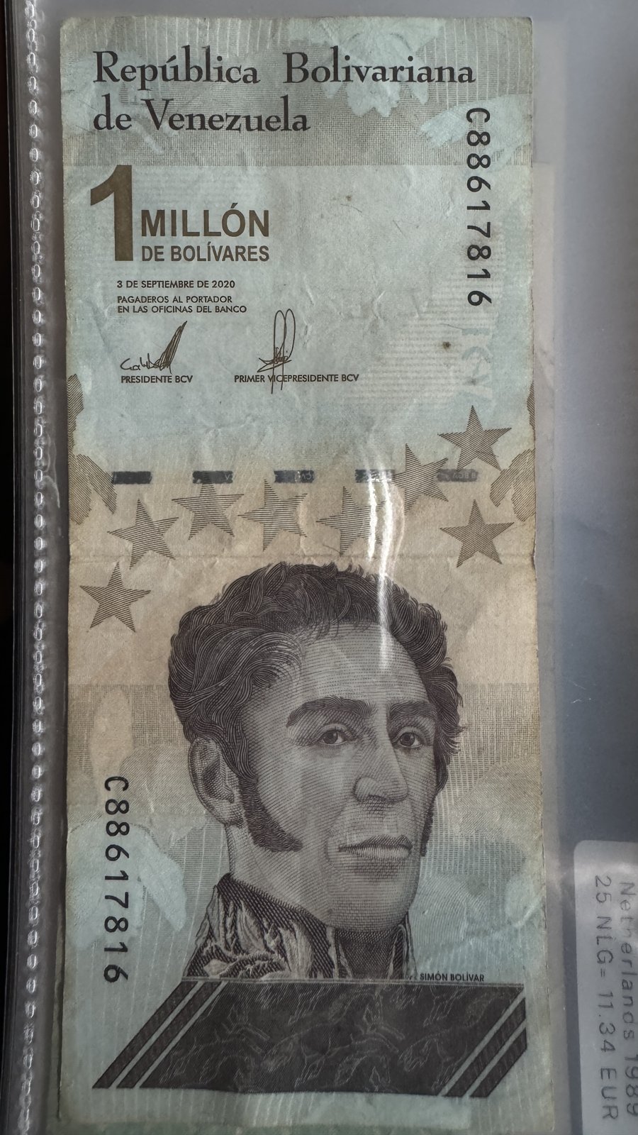 A Venezuelan one-million-bolívares banknote dated 3 September 2020, part of a demonetized note family