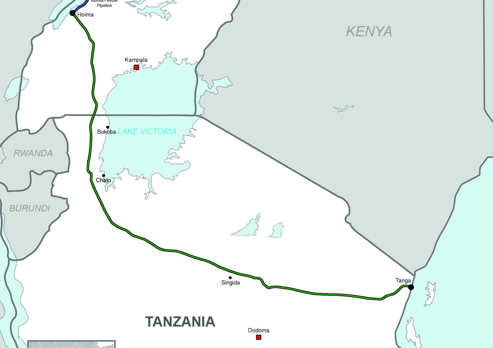 Map of East Africa with a pipeline route