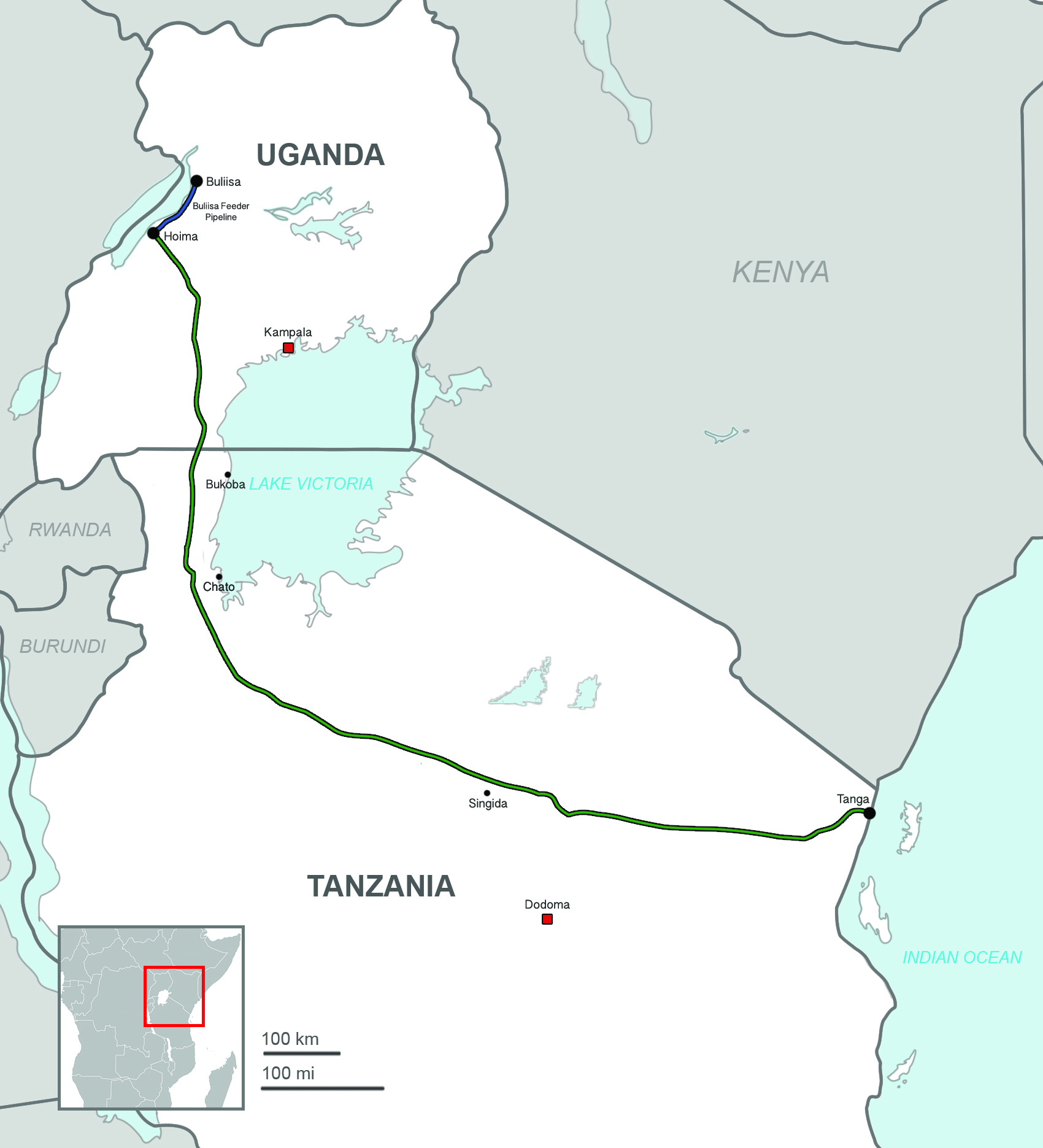 Map of the East African Crude Oil Pipeline route from Hoima, Uganda, to Tanga, Tanzania