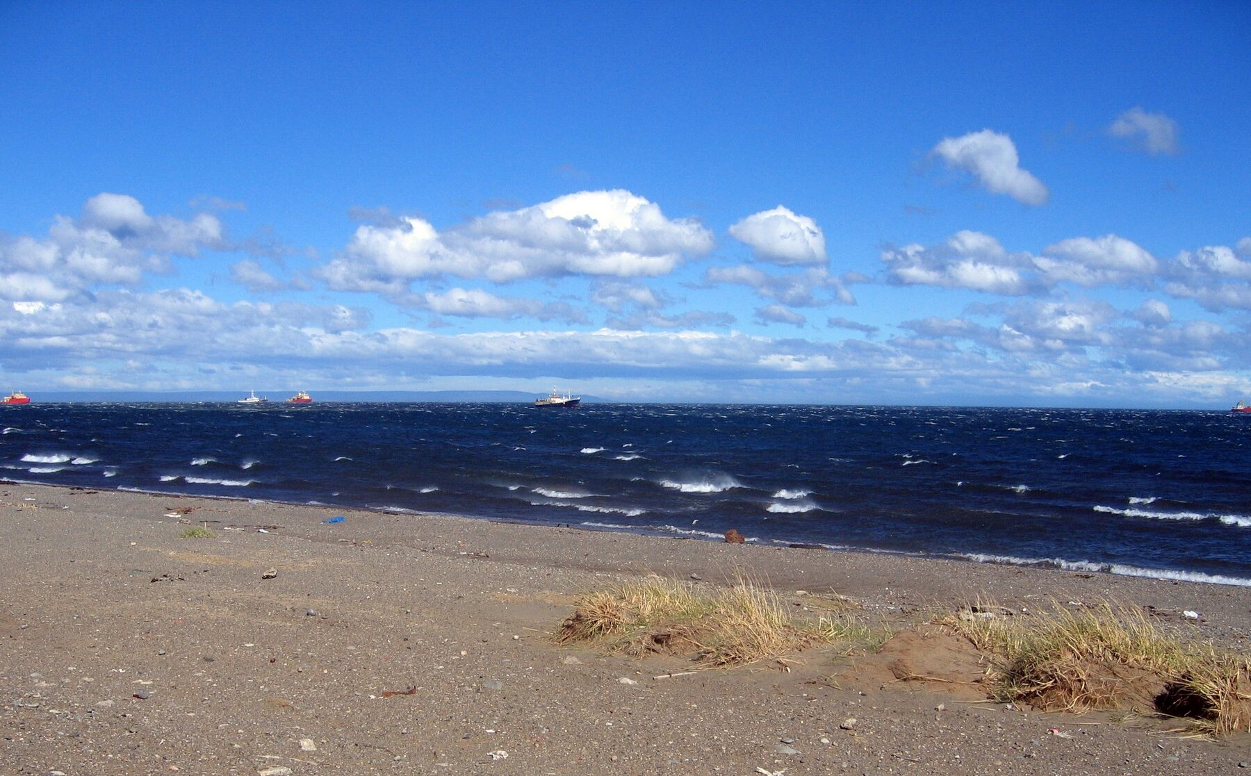 Ships in the Strait of Magellan off Punta Arenas, Chile