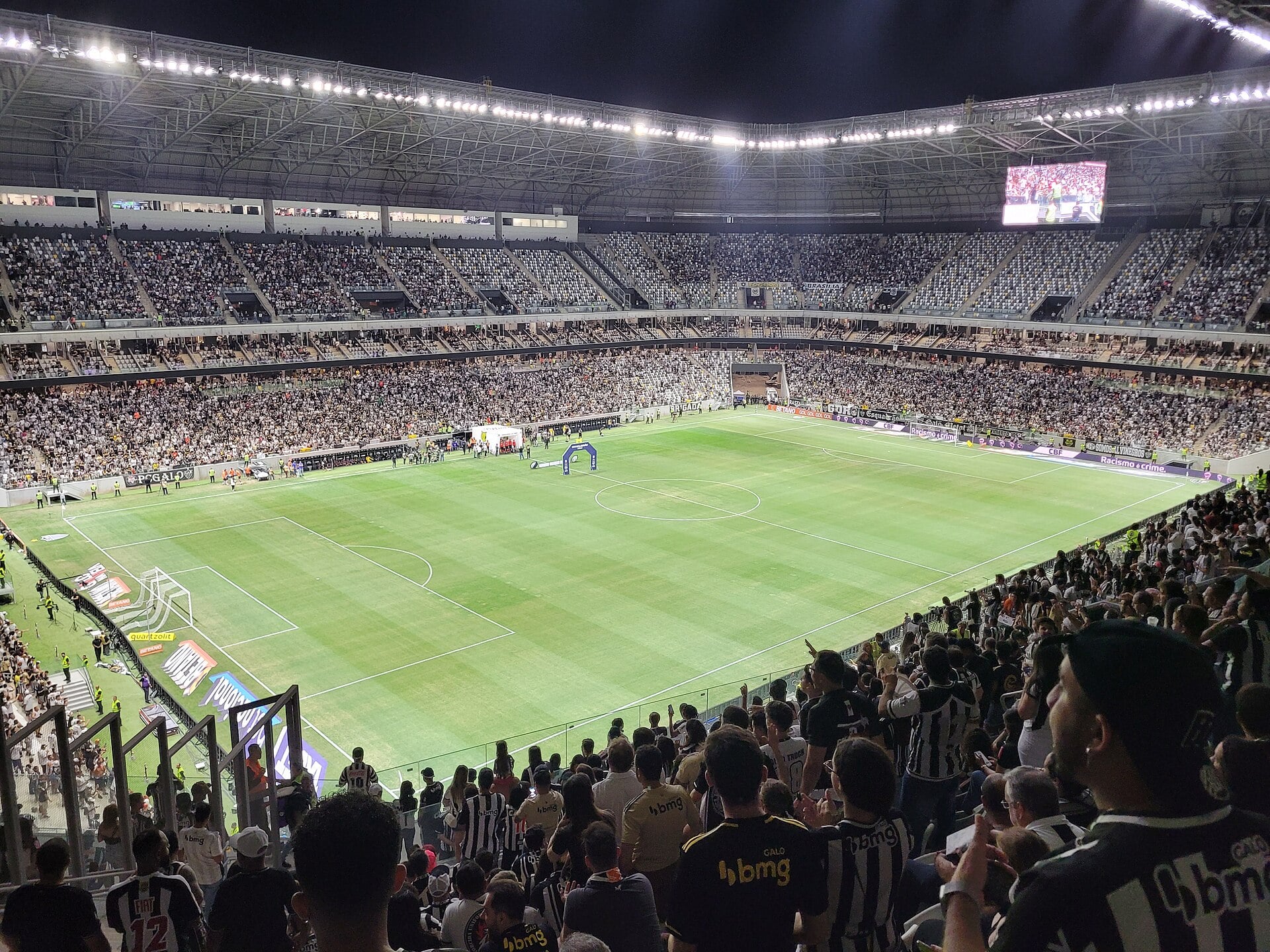 Atlético Mineiro fans fill the stands of the Arena MRV stadium in Belo Horizonte, Brazil, under floodlights