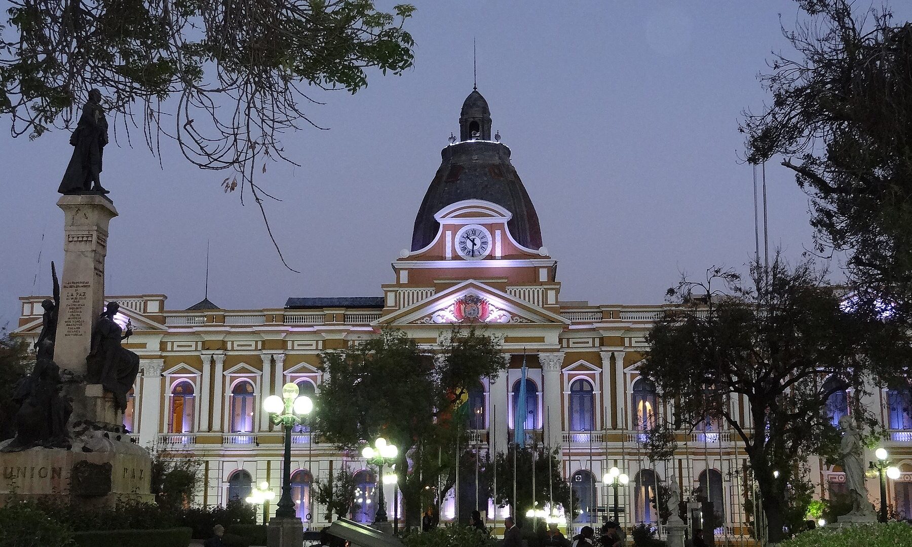 The Legislative Palace on Plaza Murillo in La Paz, lit at dusk