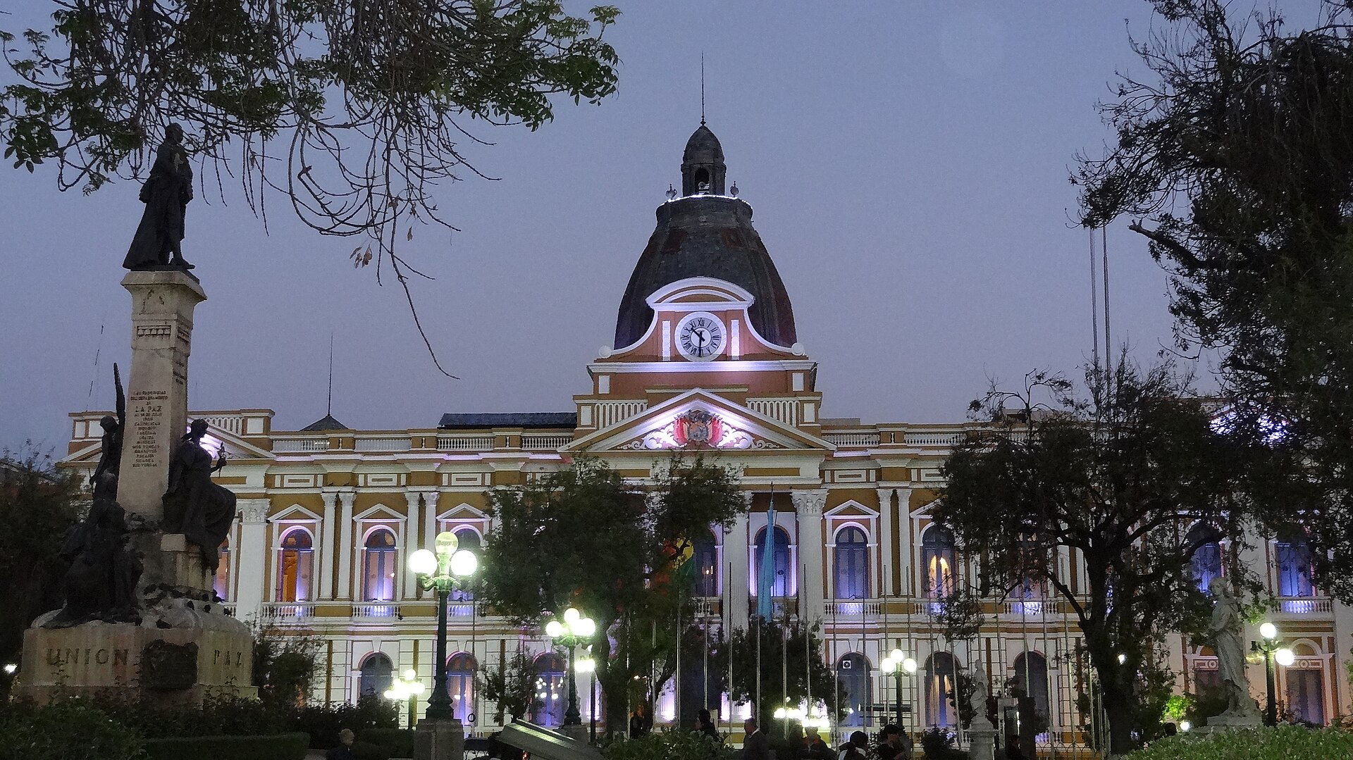 The Legislative Palace on Plaza Murillo in La Paz, lit at dusk