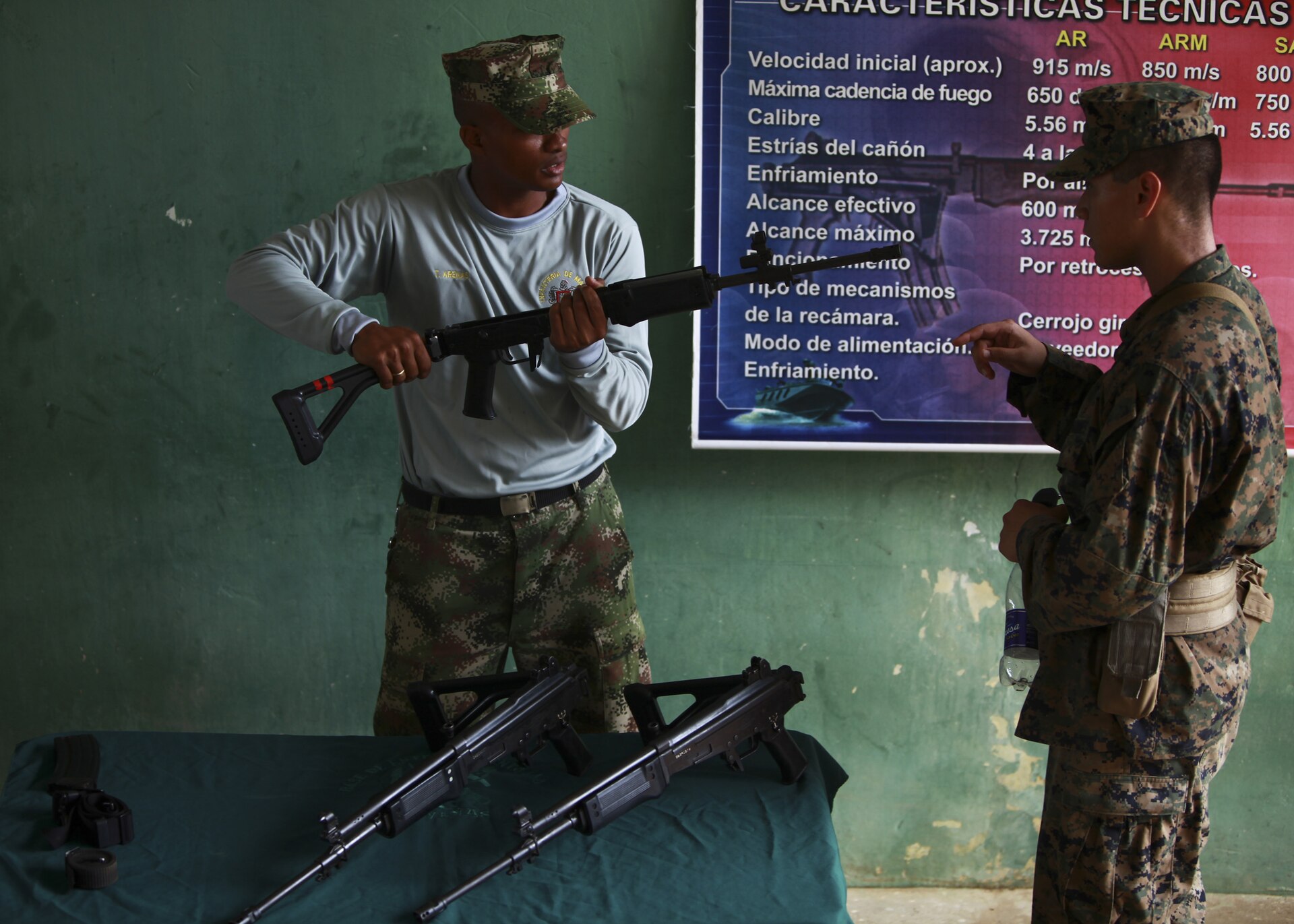 A Colombian soldier holding a rifle during a field exercise