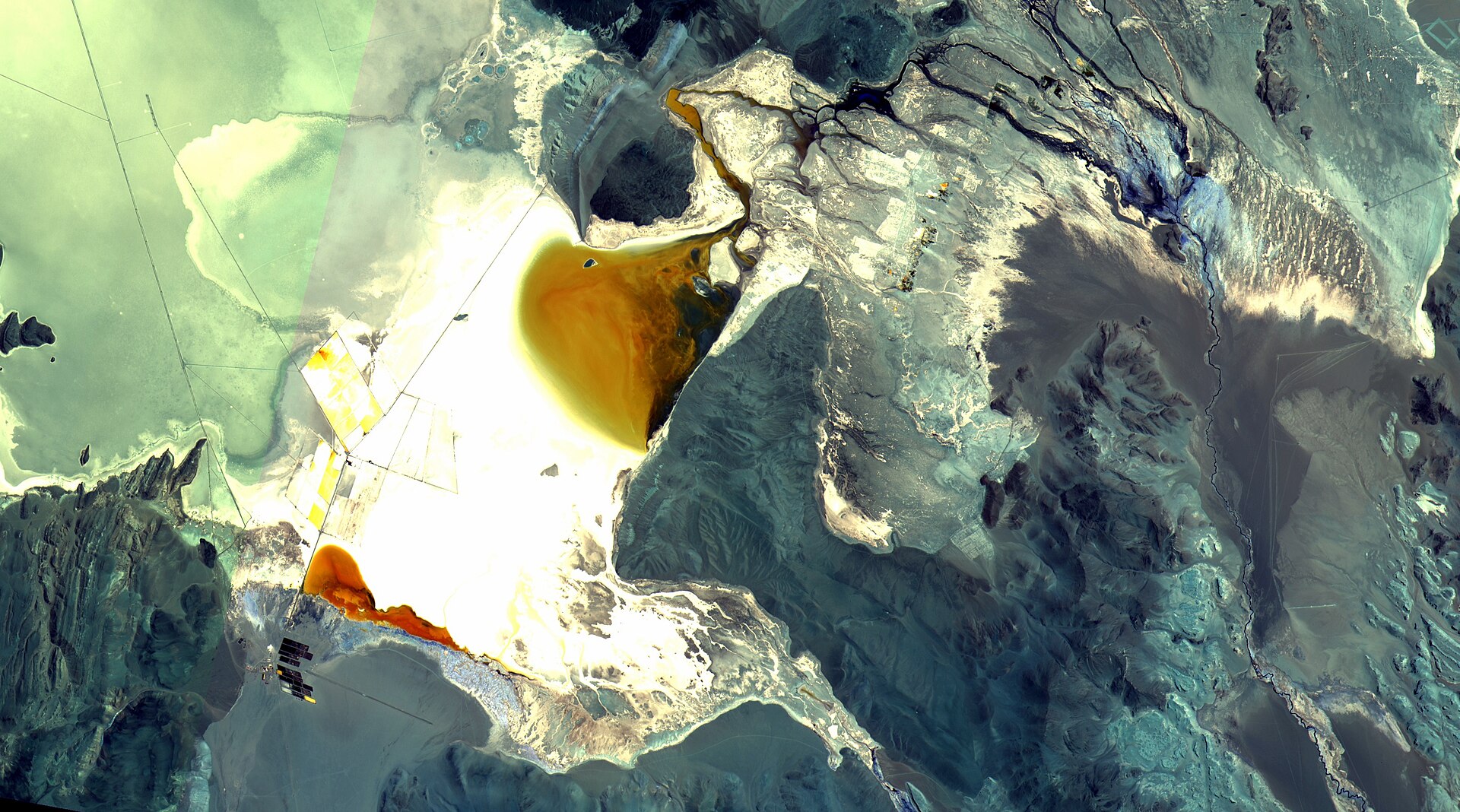 Evaporation ponds at a lithium mine at Salar del Hombre Muerto in Argentina