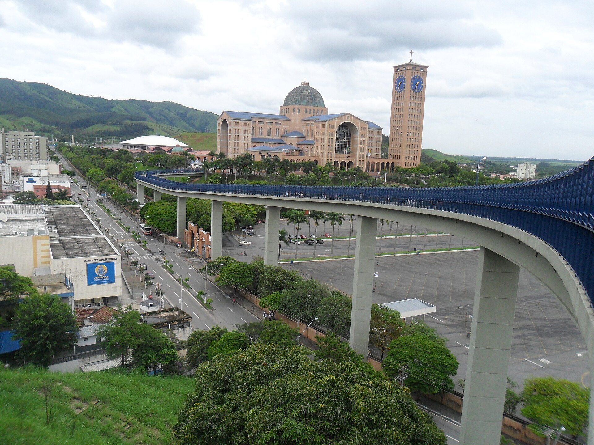 Basilica of the National Shrine of Our Lady of Aparecida seen from a hillside walkway in Aparecida, São Paulo state