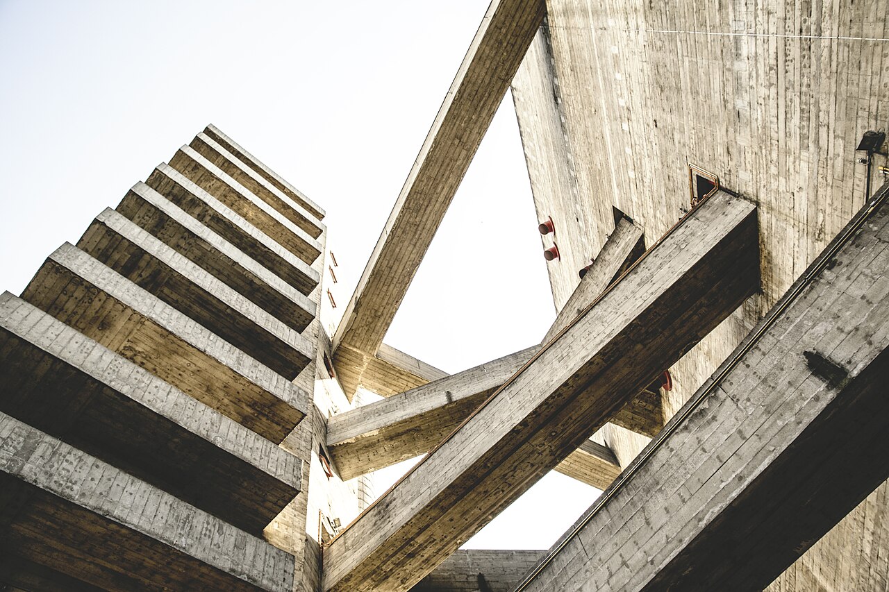 São Paulo nightlife: concrete walkways linking the towers of the Sesc Pompeia arts centre, seen from below