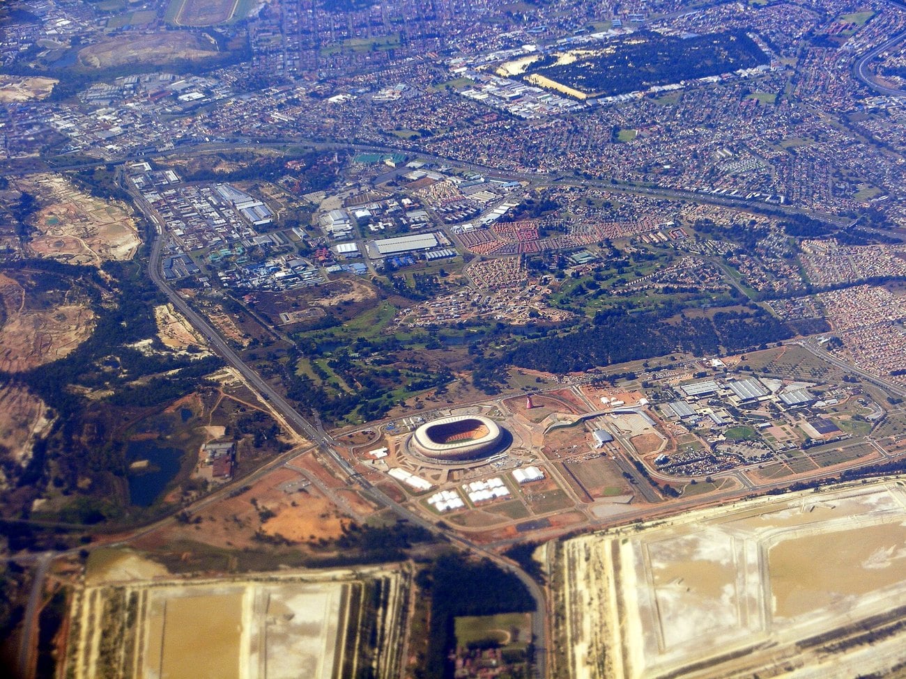 An aerial view of the FNB Stadium in its open surroundings at Nasrec, south west of central Johannesburg.