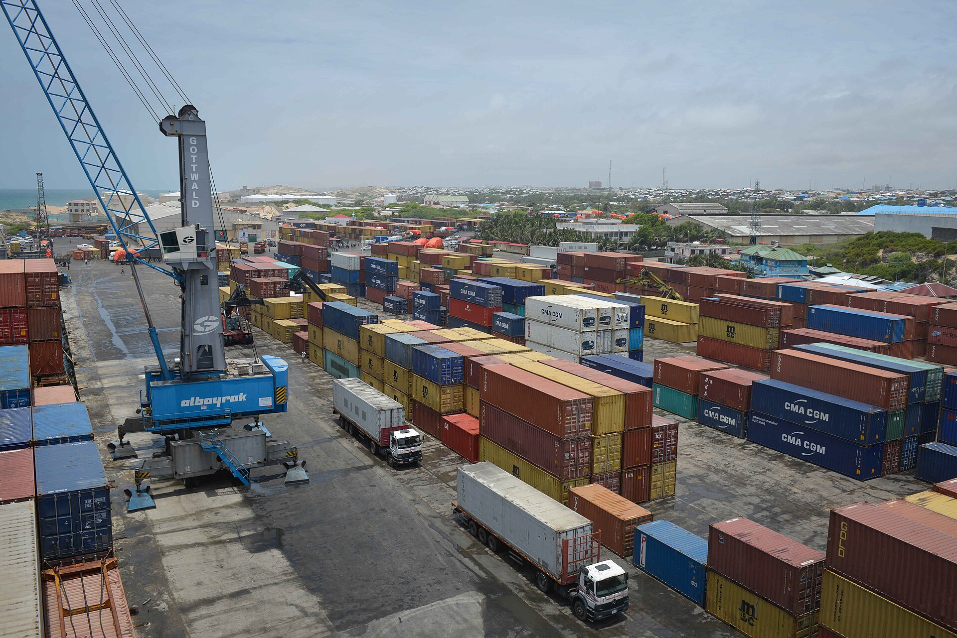 Somalia explained: shipping containers stacked in the port of Mogadishu