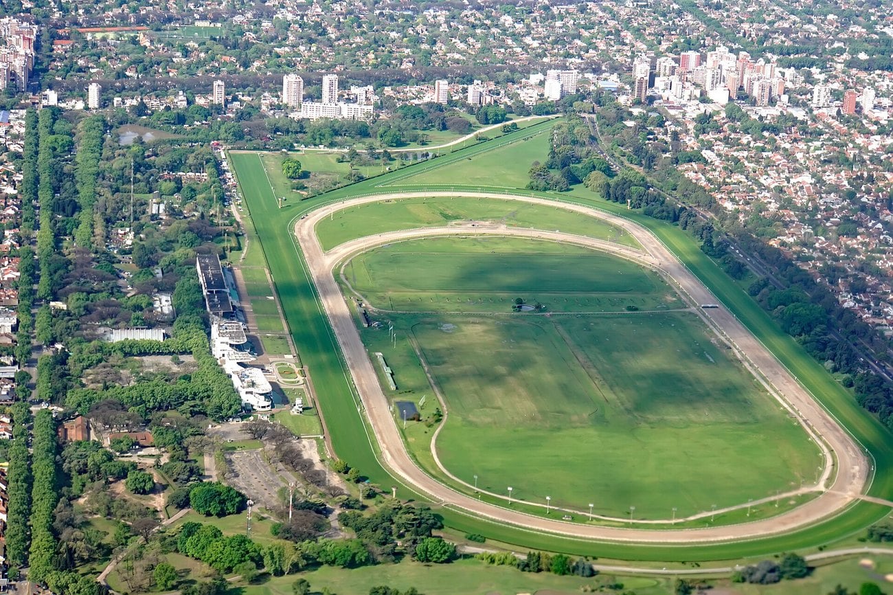 Aerial view of the Hipodromo de San Isidro racecourse and the surrounding suburbs north of Buenos Aires.