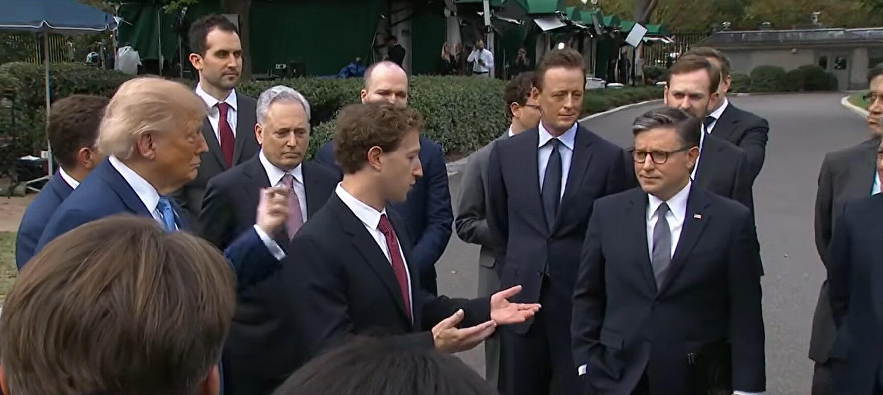 Superintelligence accord: Meta’s Mark Zuckerberg speaks outside the White House as President Trump and House Speaker Mike Johnson listen, 29 September 2026