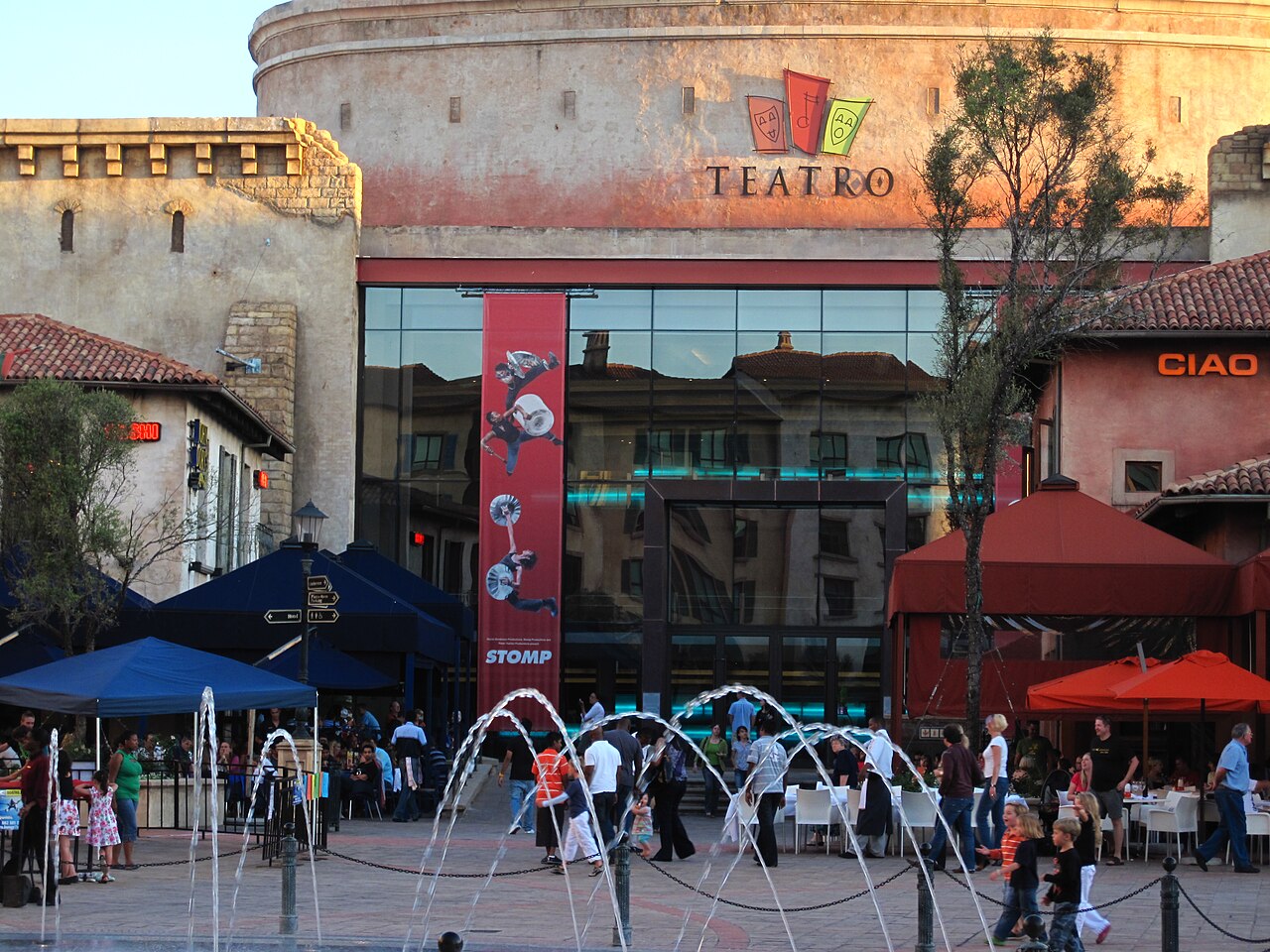 Facade of The Teatro theatre at Montecasino in Fourways, Johannesburg, with fountains and cafe tables in front