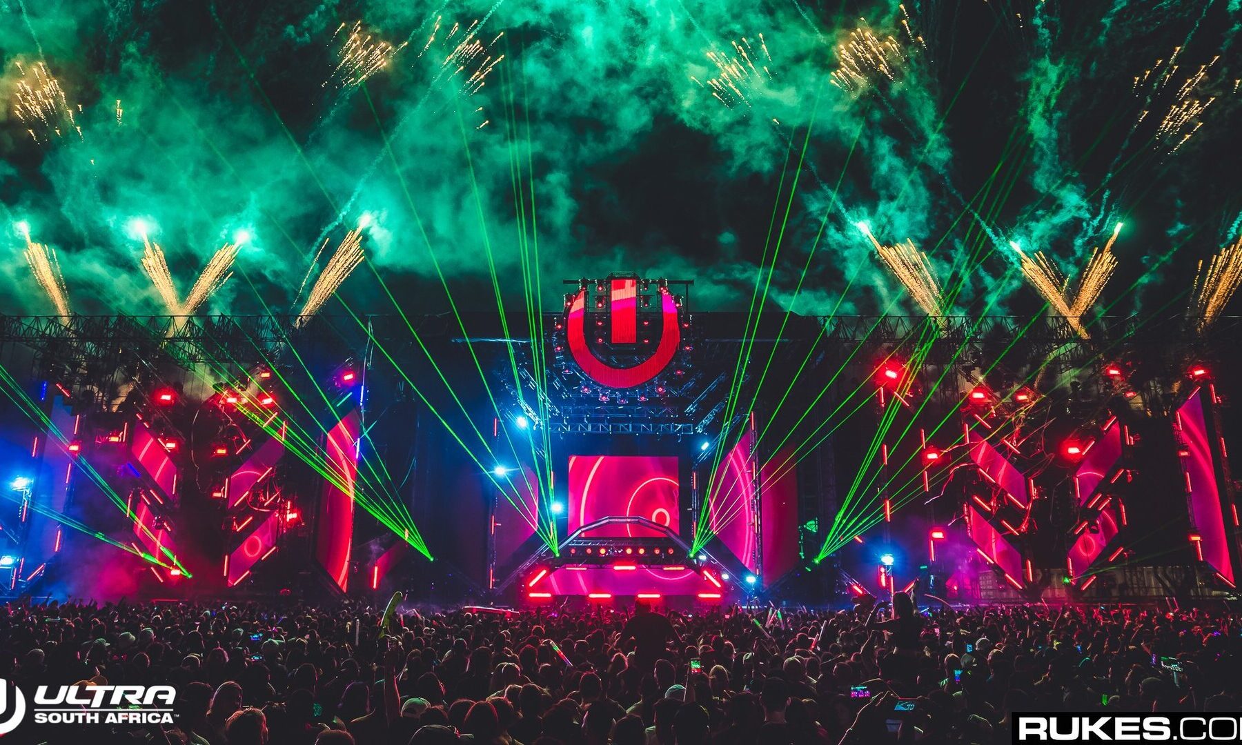 Fireworks and green lasers over the Ultra main stage at Nasrec in Johannesburg, South Africa, in 2018, the venue of ULTRA South Africa 2027 on 1 May