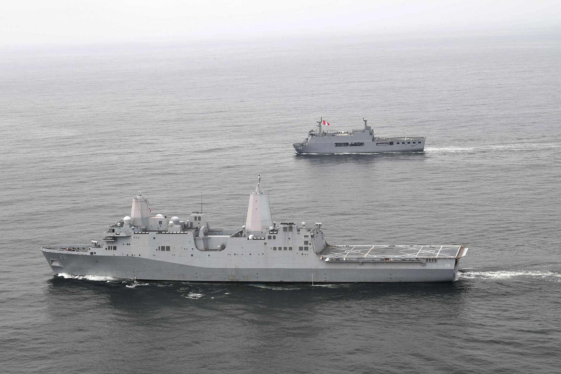 USS John P. Murtha and the Peruvian Navy ship BAP Pisco sailing in formation during a previous UNITAS edition in the eastern Pacific