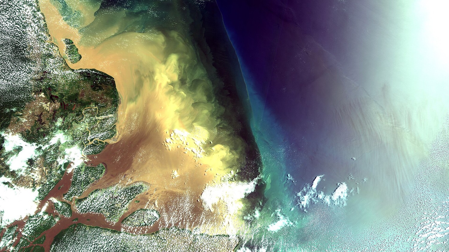 Satellite view of the mouth of the Amazon river meeting the Atlantic Ocean
