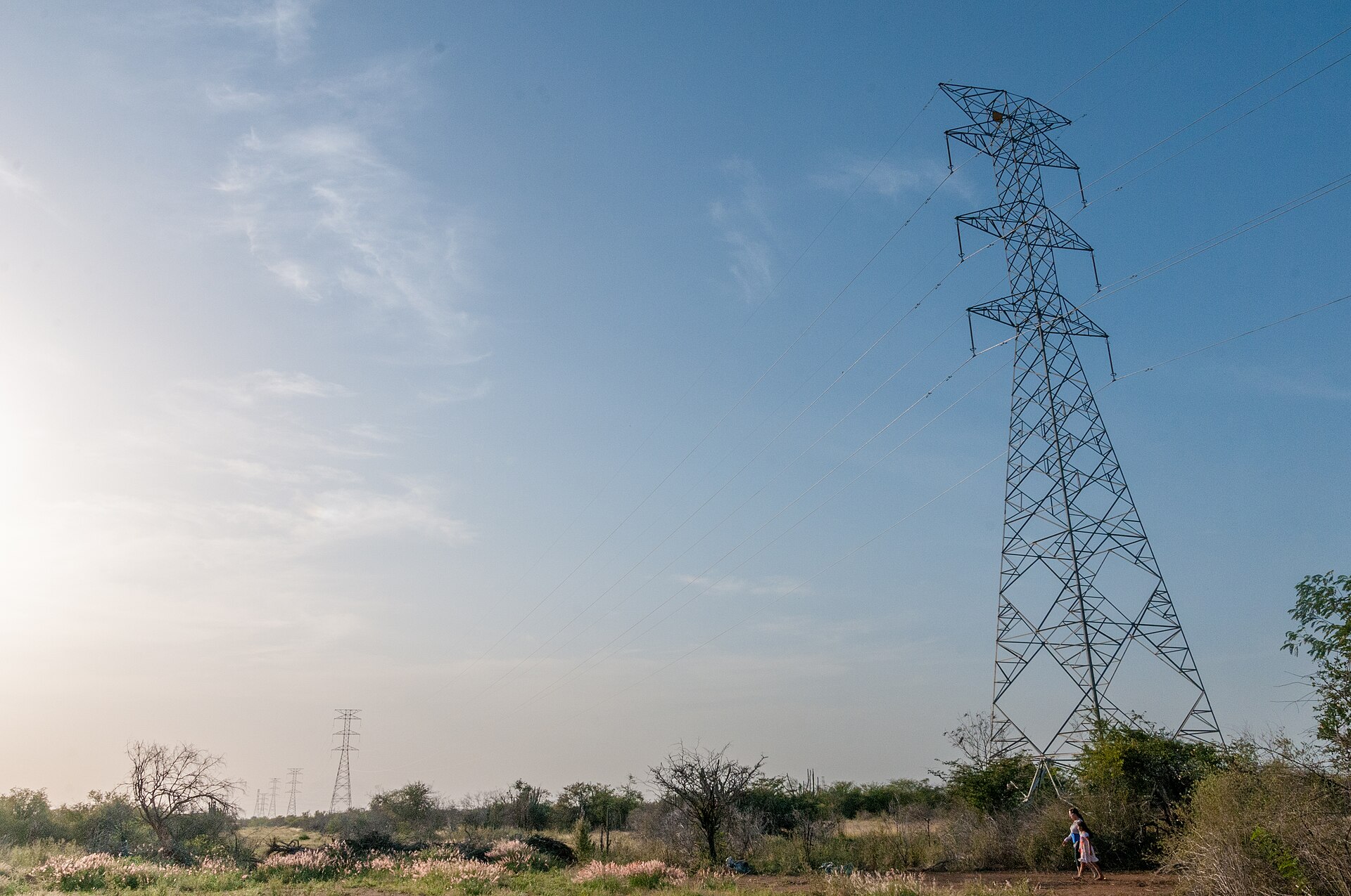 High voltage transmission pylon in dry scrubland in Venezuela