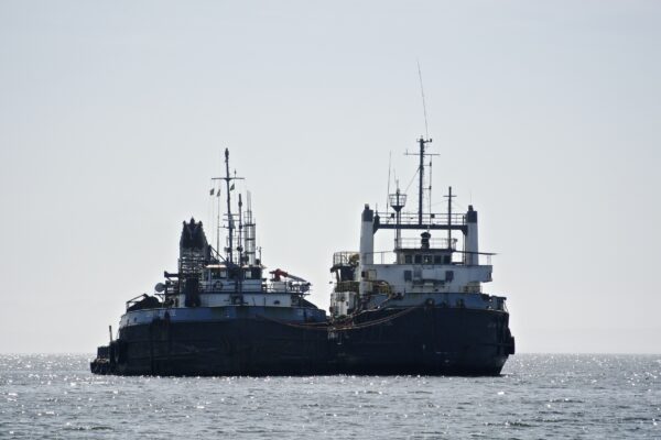 Workboats anchored off Walvis Bay, Namibia