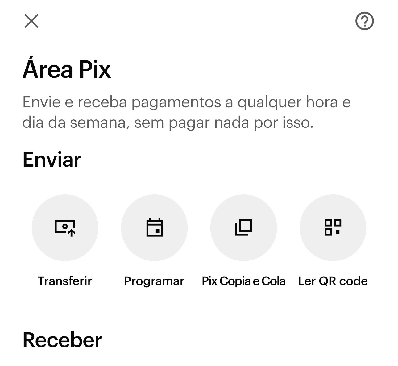 The Pix area of the Nubank app, where customers send and receive instant payments