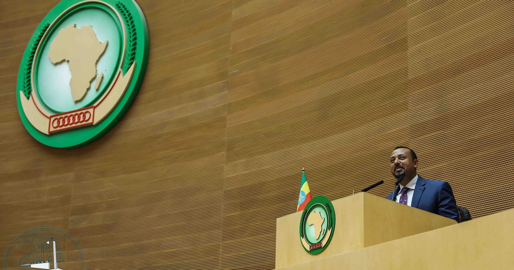 Abiy Ahmed, Ethiopia's prime minister, speaking at the African Union headquarters in Addis Ababa