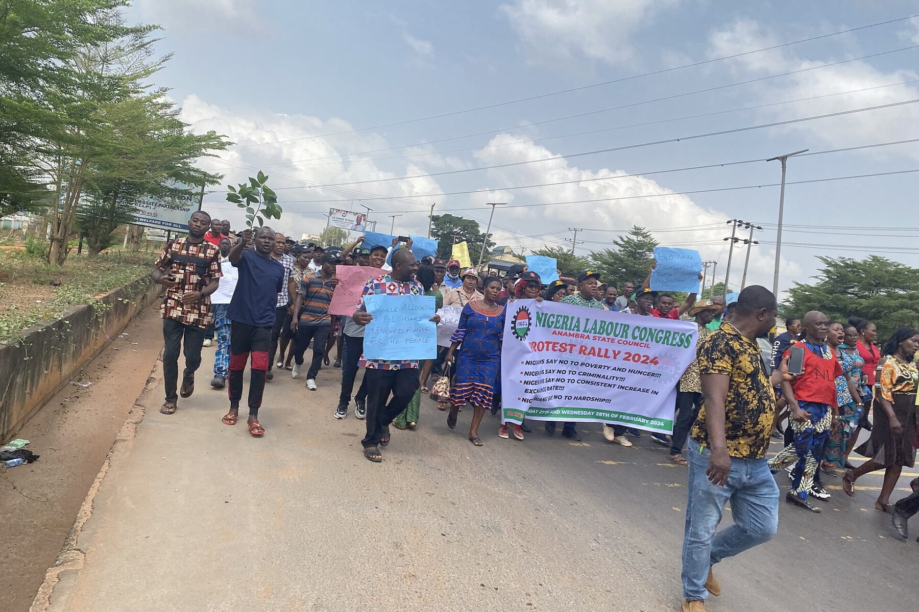 Nigeria Labour Congress protest against hardship under Bola Tinubu's reforms in Anambra State, February 2024