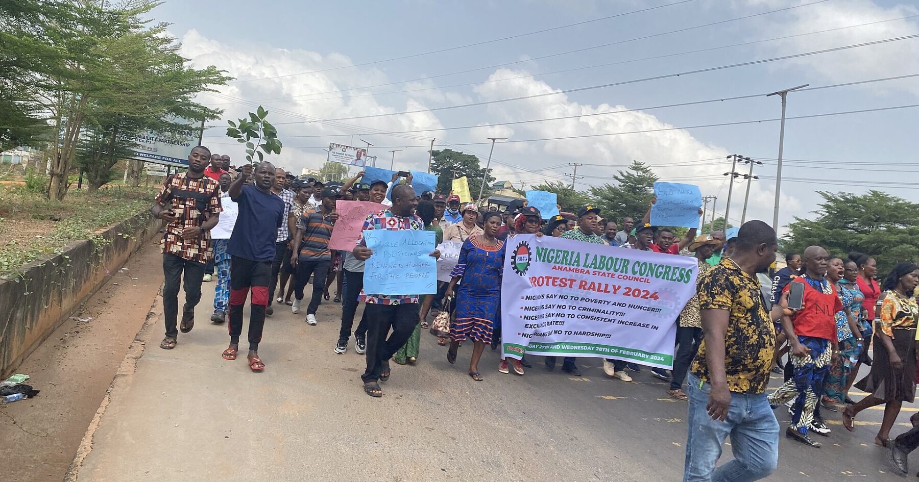 Nigeria Labour Congress protest against hardship under Bola Tinubu's reforms in Anambra State, February 2024