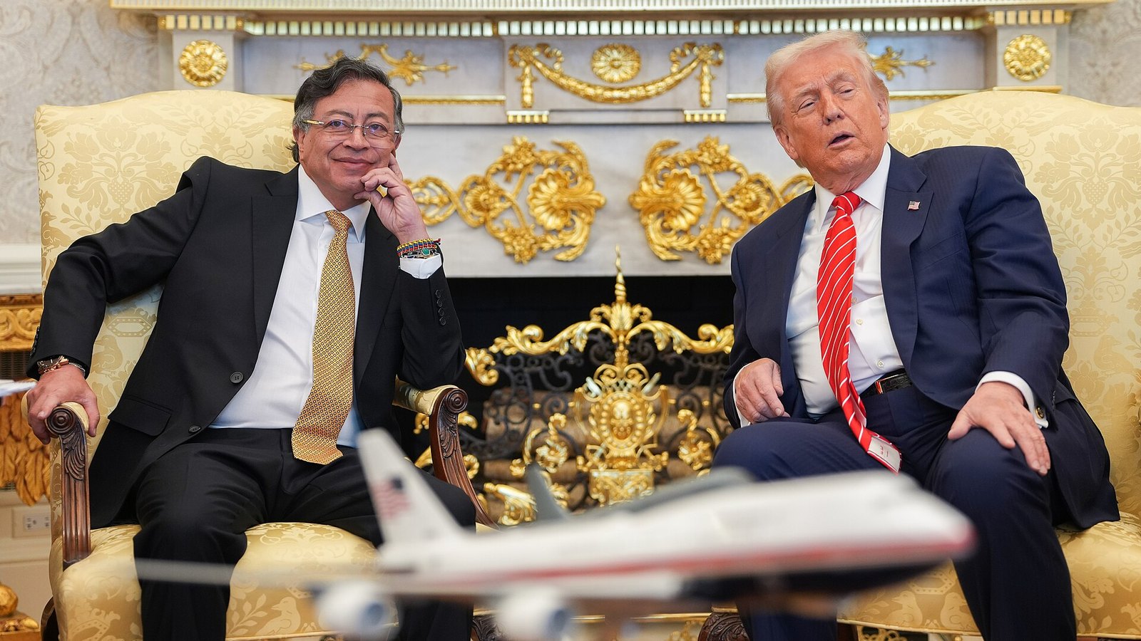 Gustavo Petro and Donald Trump seated together at the White House in February 2026