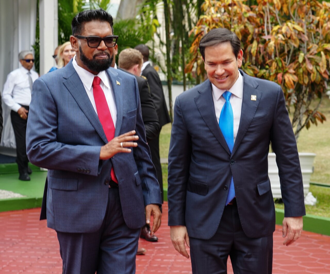 Irfaan Ali walks with Marco Rubio in Georgetown in March 2025 amid the Essequibo dispute with Venezuela