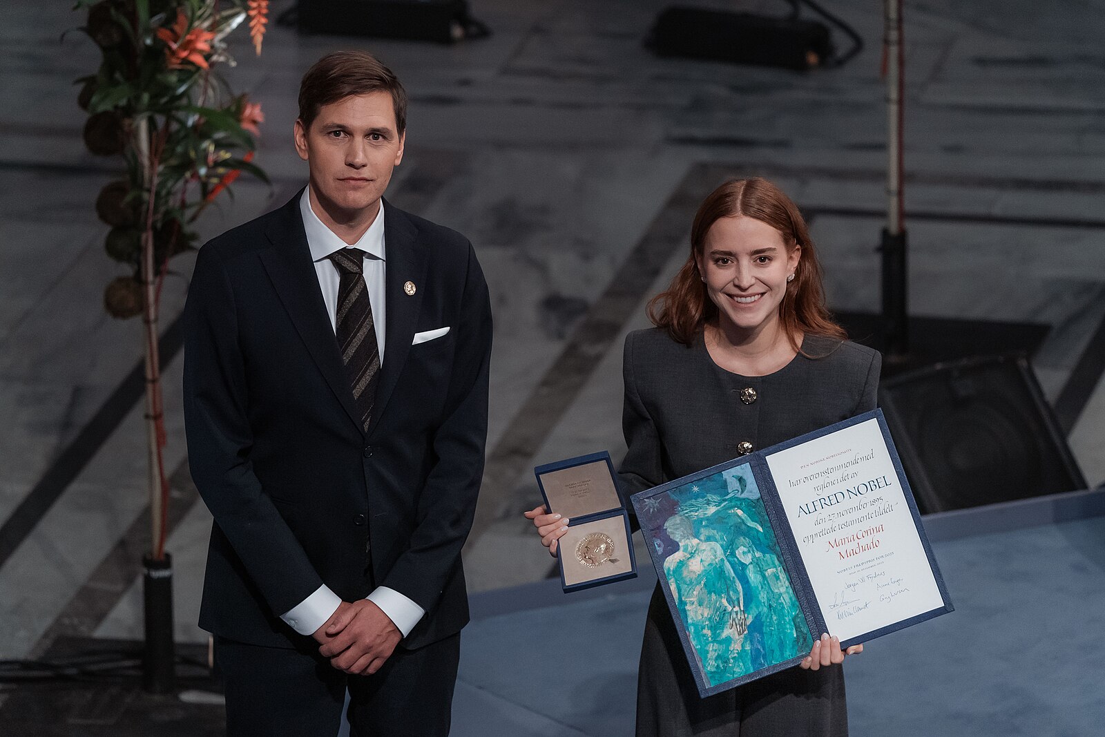 María Corina Machado's daughter holds the 2025 Nobel Peace Prize medal and diploma in Oslo