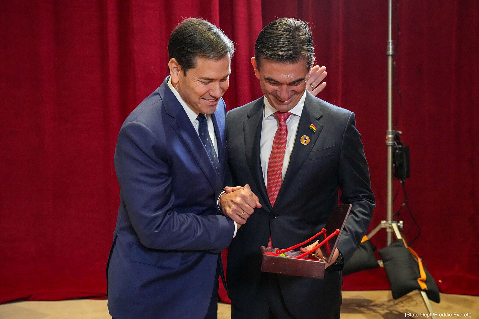 US Secretary of State Marco Rubio greets Rodrigo Paz at the Shield of the Americas summit in Doral, Florida