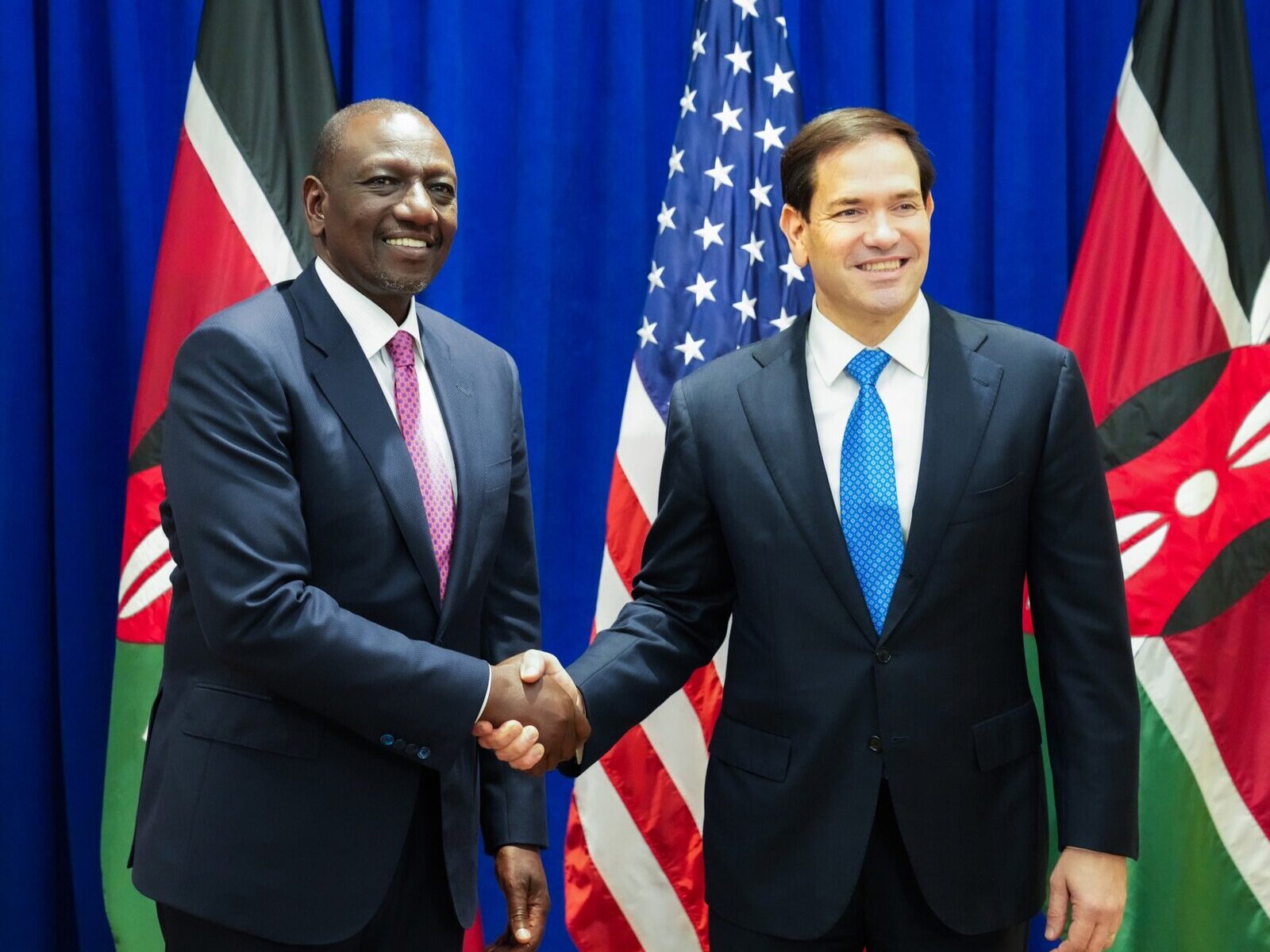 William Ruto, president of Kenya, shakes hands with US Secretary of State Marco Rubio in New York